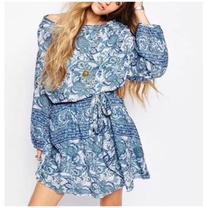 Free People Sun Printed Dress In Washed Blue, sz S